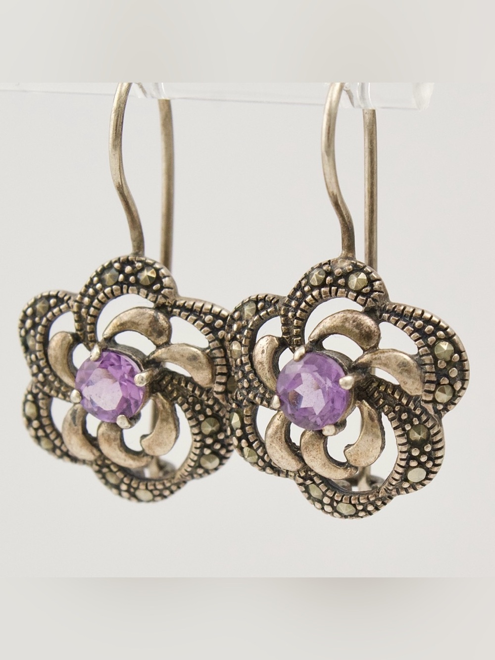 Vintage Amethyst and Marcasite Sterling Silver Earrings Kidney Back Ear Wire